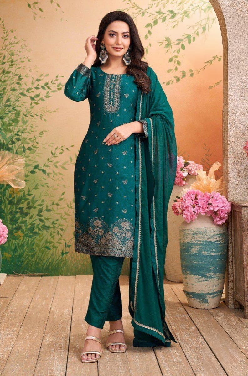 Shree Shanti Selection - Green Embroidered Straight Cut Suit with Dupatta for Women